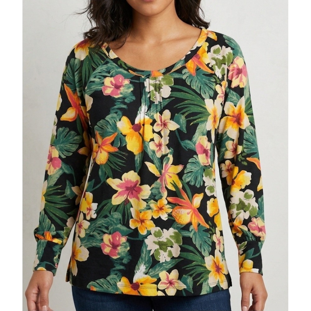 Caribbean Joe brand tropical floral print blouse vibrant Pink AndYellow Flower M